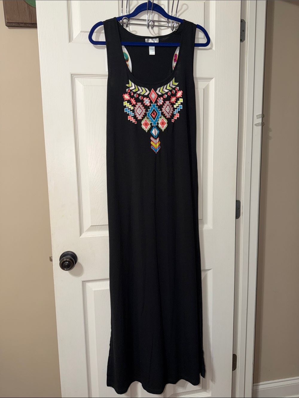 just be Black Maxi Dress with Neon Geometric Embroidery